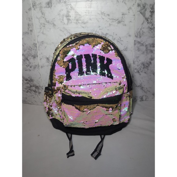 Victoria's Secret VS Bling PINK WHITE GOLD Sequin Backpack Bookbag - Picture 1 of 13